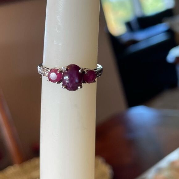 Ruby Ring Three Stone Platinum Sterling Silver Jewelry  Gemstone Birthstone - Picture 8 of 12